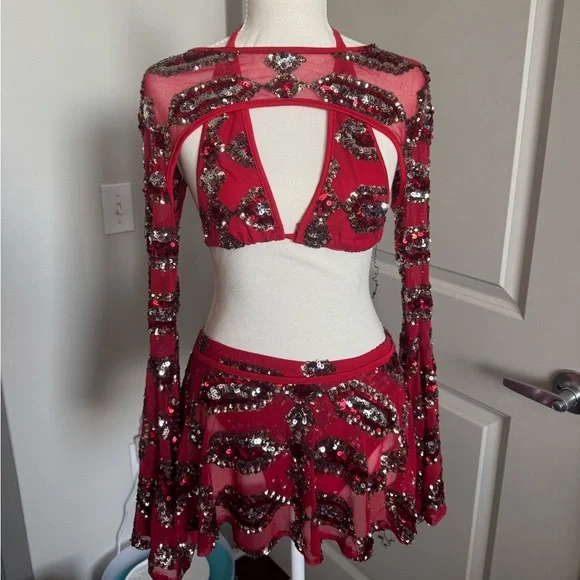 Red Sequin Embellished Skirt 4 piece set The Lumi Shop - Picture 1 of 11